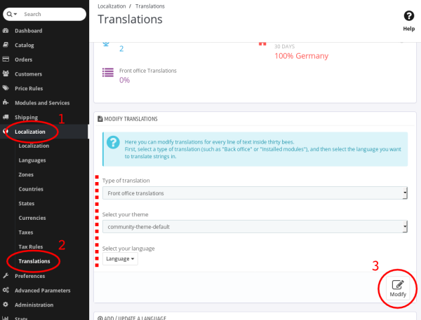 Modify translations dialog in back office.